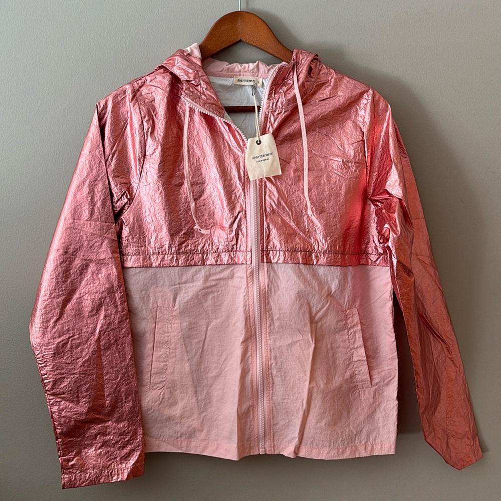 NWT ANDTHEWHY Los Angeles Pink Metallic Wind Breaker Rain Jacket Hooded Small